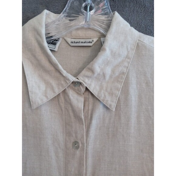 Richard Malcom Irish Linen Button Up Top Women M. Beige Floral Embordered Sleeve - Picture 11 of 15
